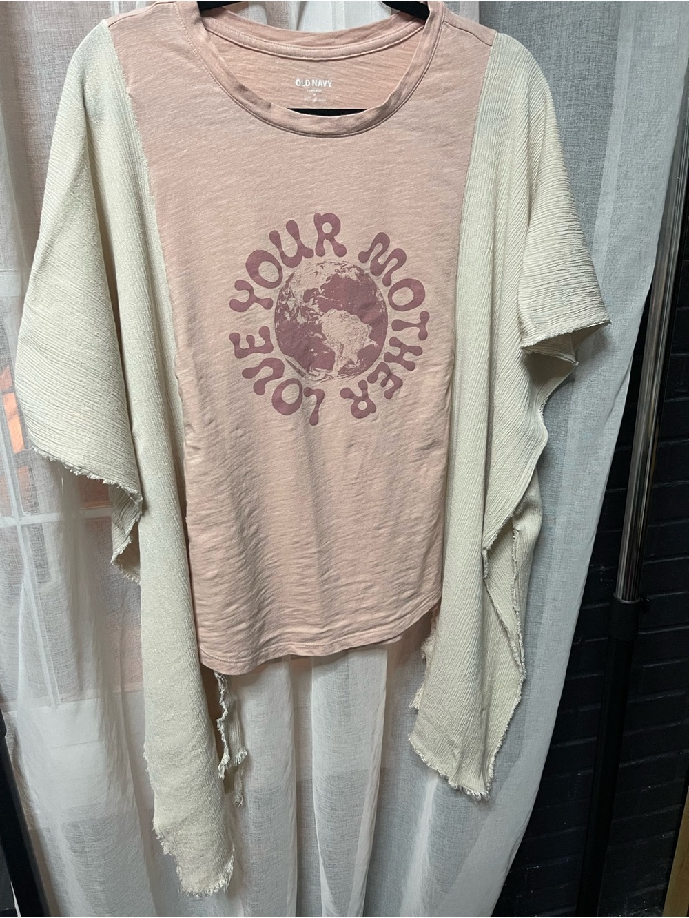 Reworked Love Your Mother Tee Poncho Raw Edge Gauze Boho Upcycled free size